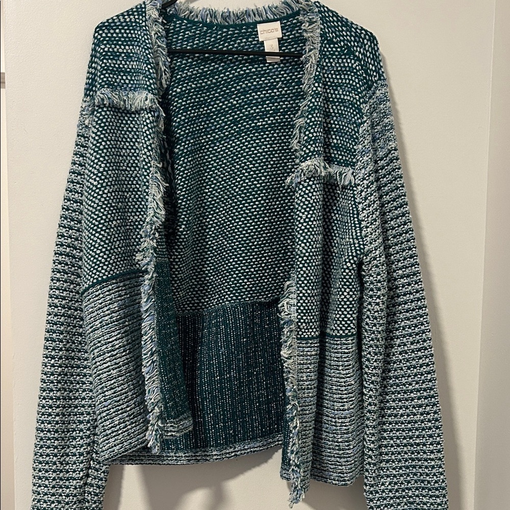 Chico’s Green Quilted Open Front Cardigan Wool Cotton Blend Size 3